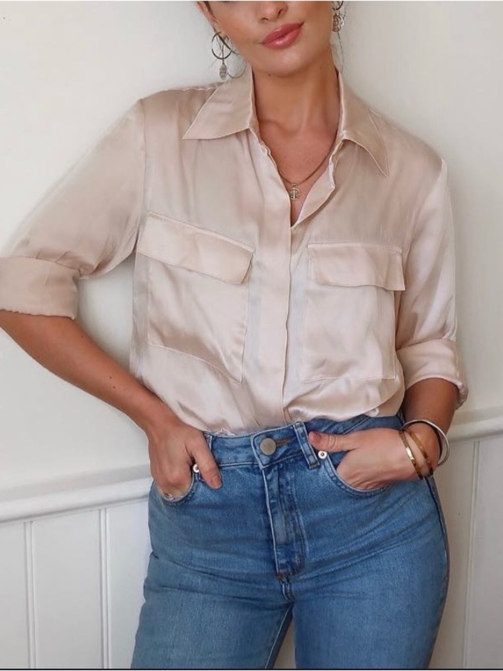 Mango Beige Silky Button Front Blouse Classic Fit NWOT Size L
